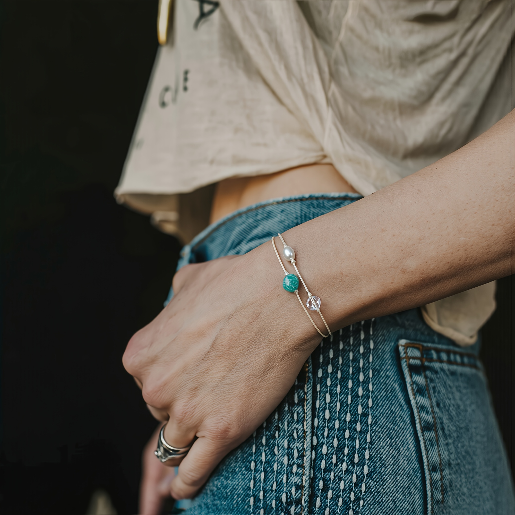Boho Double Layer Ocean Shield Aura Bracelet, Adjustable Cord